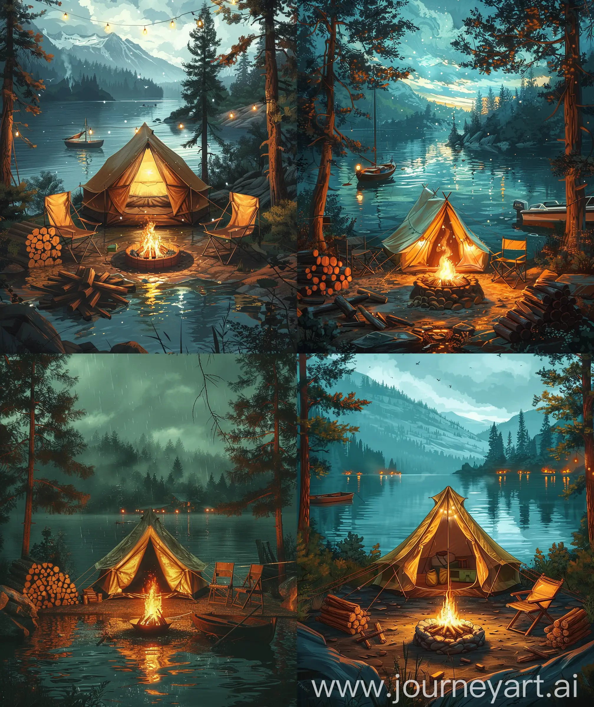 Anime scenary, illustration, vintage, direct front facade view of lake side Camping tent, fire pit front of tent, light around the tent, pile of wood, two chairs beside camping pit, day time , glistening lake side, boat , trees, anime vintage illustration style, High quality resolution, sharp details --ar 27:32 --s 400