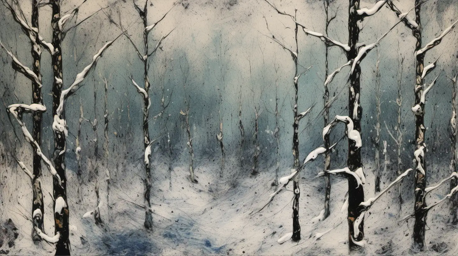 Jackson pollock style painting of a winter forest