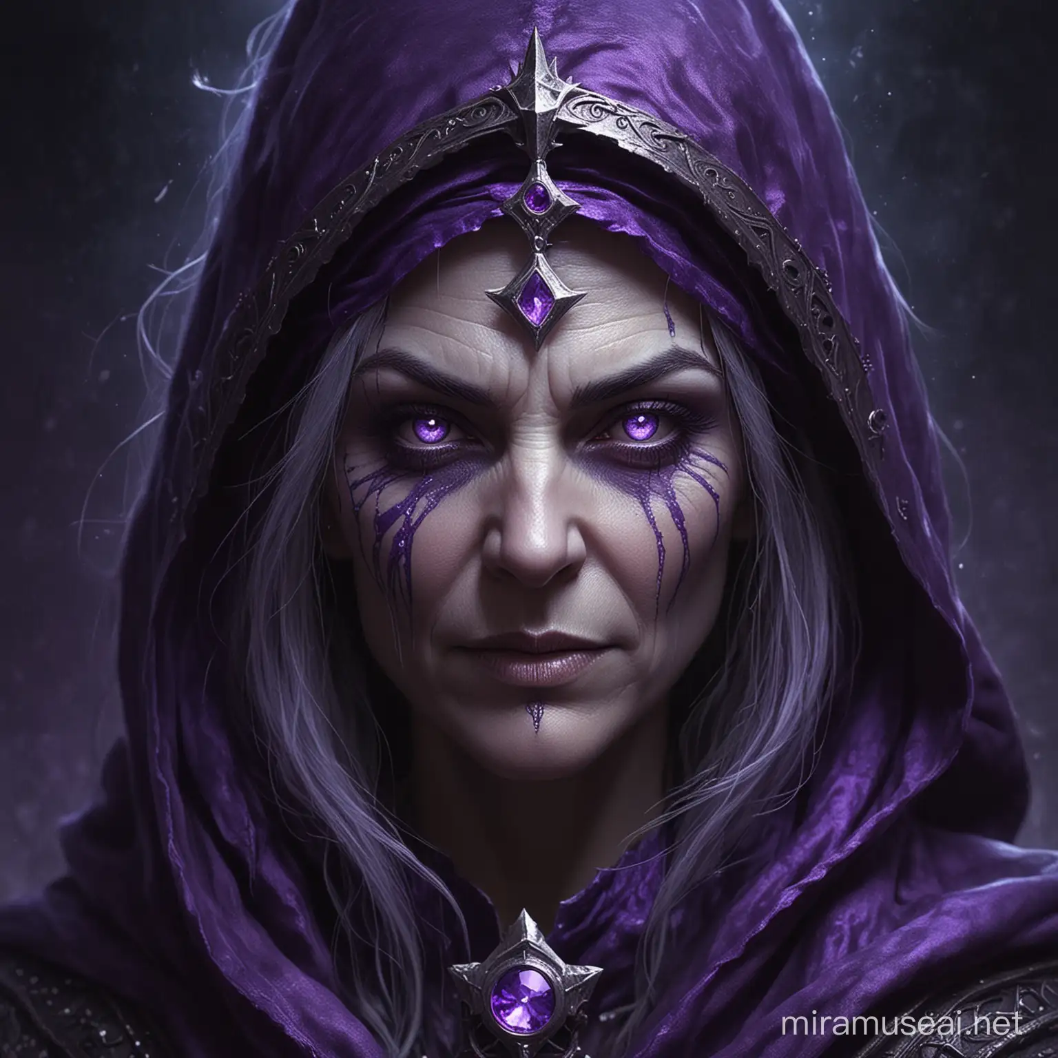 The sorceress queen who has a mysterious face is the most powerful wizard in the world.
( The image should not be too colorful but have purple hues inside ) 
(Average and somewhat elderly face)
(Mysterious and sinister face)