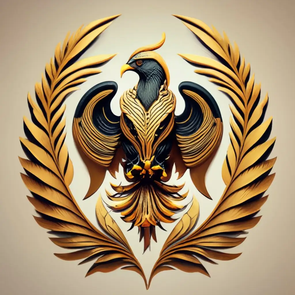 logo, Detailed 3D Phoenix bird black and gold, Nazi style, Roman leaves., with the text "LUX CLS", typography