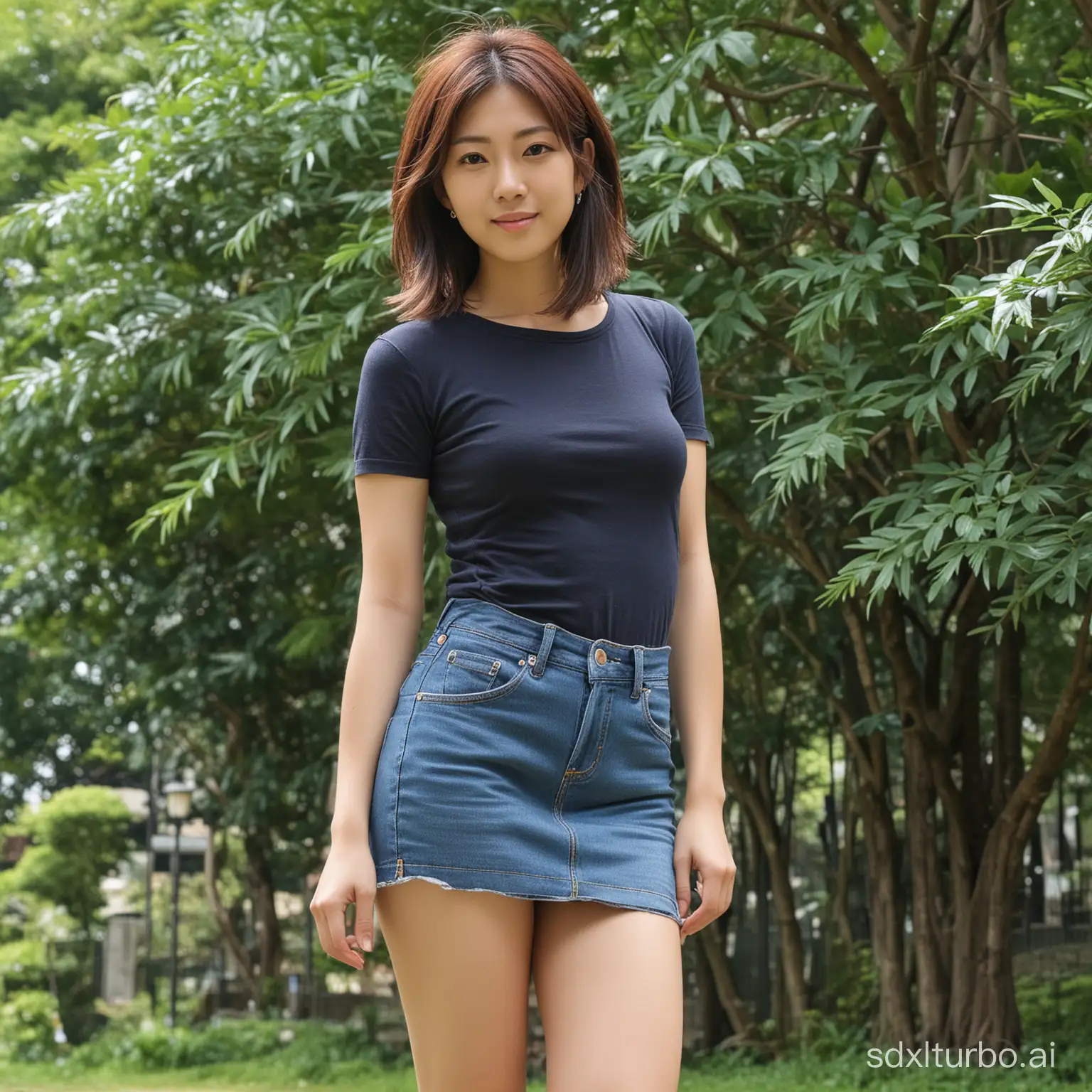 A Japanese woman in her mid-20s, standing while wearing a denim mini skirt. Her legs are moderately thick, accentuating the lines of her thighs. The background features the greenery of a park. looking at viewer,Japanese beauty woman full body image of realistic real people taken before the age of 25,ultra-detailed face, Legs are a little thickernot worst quality,not ugly,not bad anatomy,not jpeg artifacts,not bad hands,not missing limb,not ugly face,not bad face,not missing_limb,not sketch,not oil painting,not watercolor,not monochrome,not flat color,not flat shading,not retro style,not ink,not multiple people,not male