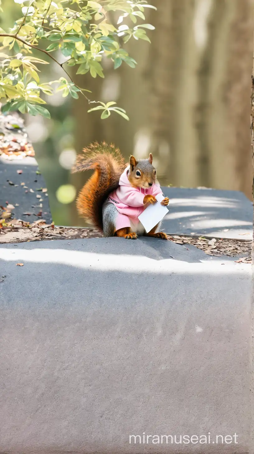  Please replace the squirrel with a squirrel with a cute round face, round eyes, wearing a pink hoodie, holding a paper that says "I miss you"