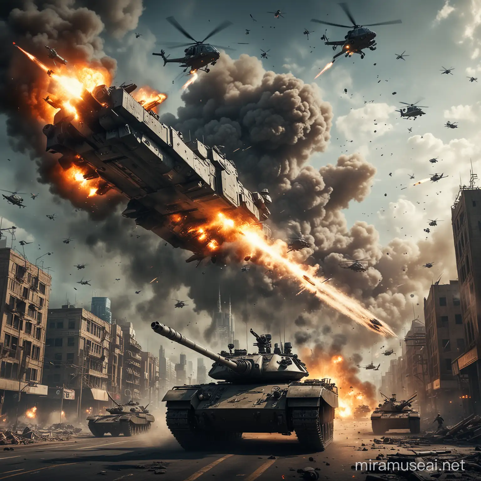 Imagine a movie poster based on portraying a urban battlefield with missiles and futuristic helicopters flying through the air. Futuristic tanks and an enemy helicopter are on fire and spewing dark smoke 
