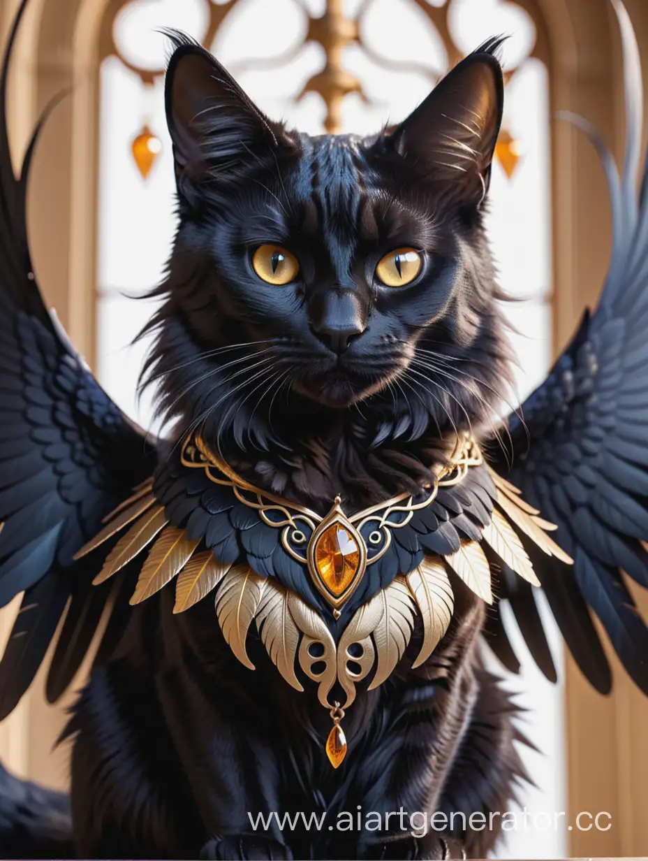 Mystical-Cat-with-Raven-Wings-Black-Feline-Adorned-with-Golden-Patterns-and-Amber-Eyes