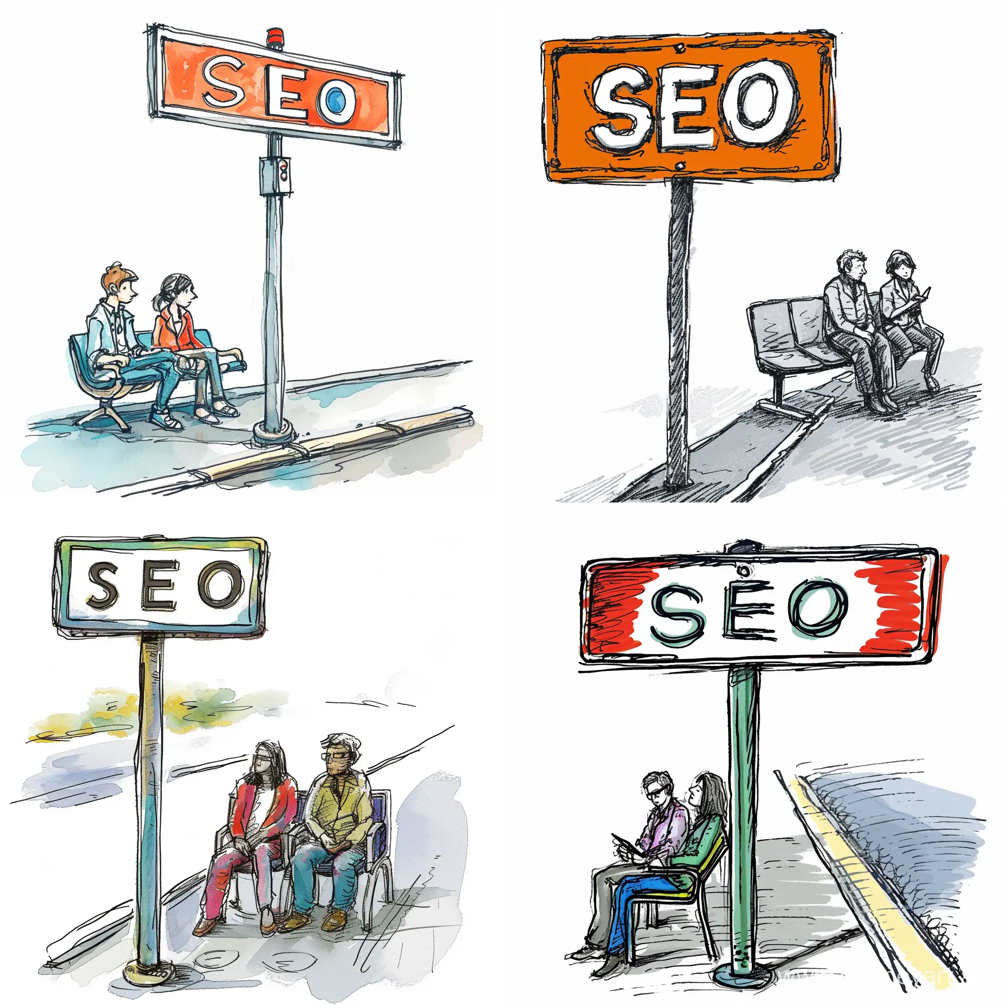 Street sign that says " SEO" on the public road,  there are tow people sitting in a waiting chair. Vector  sketch drawing illustrator style on white background. 
