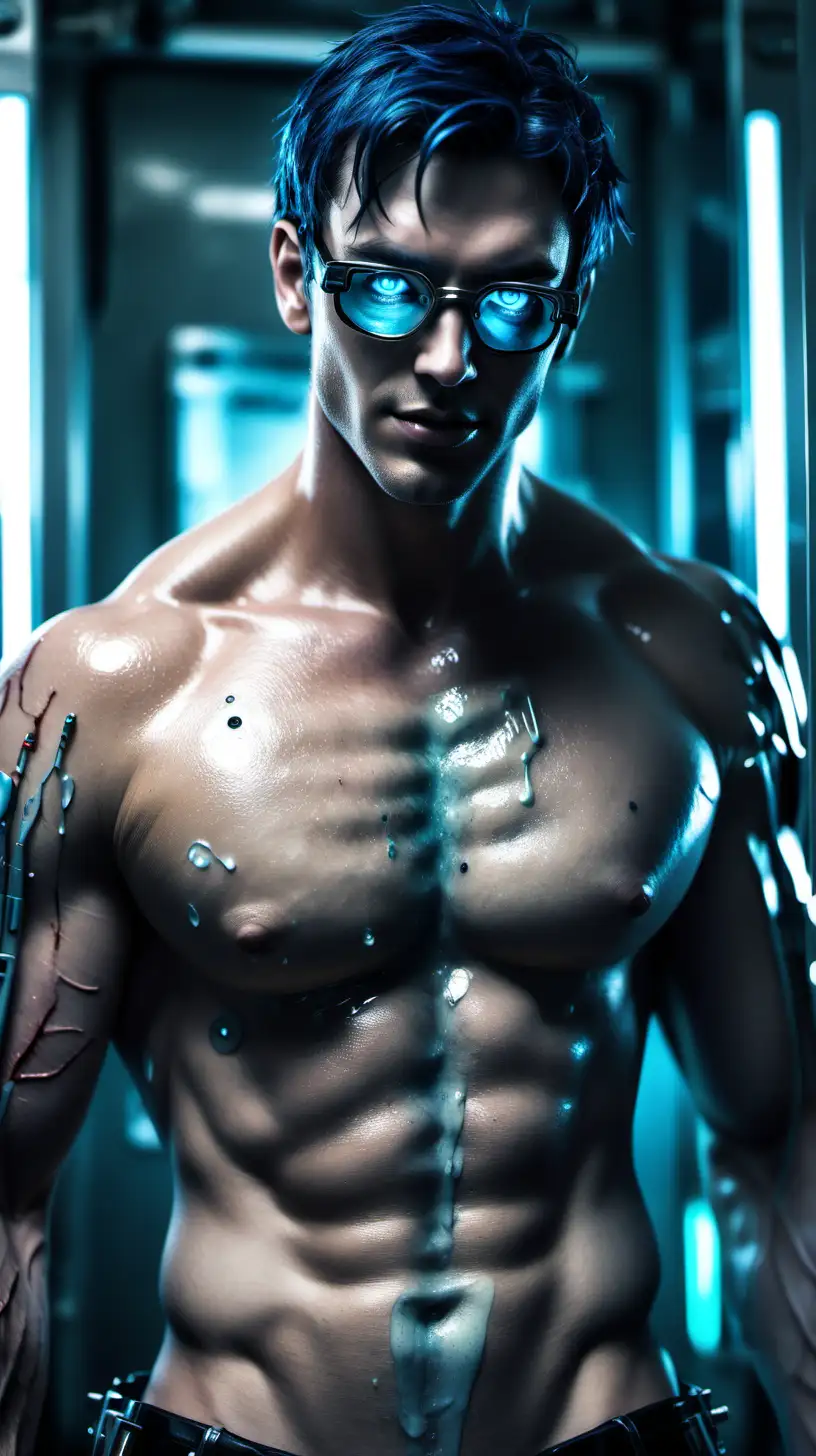 Generate an image of a shirtless homoerotic alluring dripping wet, bloodied handsome male android hunk with glowing aquamarine eyes. He tries his best to squeeze a comforting smile as he undergoes reparation in a high-tech laboratory. His appearance is rugged yet intelligent, emphasized by his glasses. The android has short navy blue hair, stubbles, a prominent 5 o'clock shadow and hairy chest add to his masculine demeanor. The scene captures the cyborg's resilience, highlighting the intriguing fusion of human features and mechanical prowess. Full body shot
