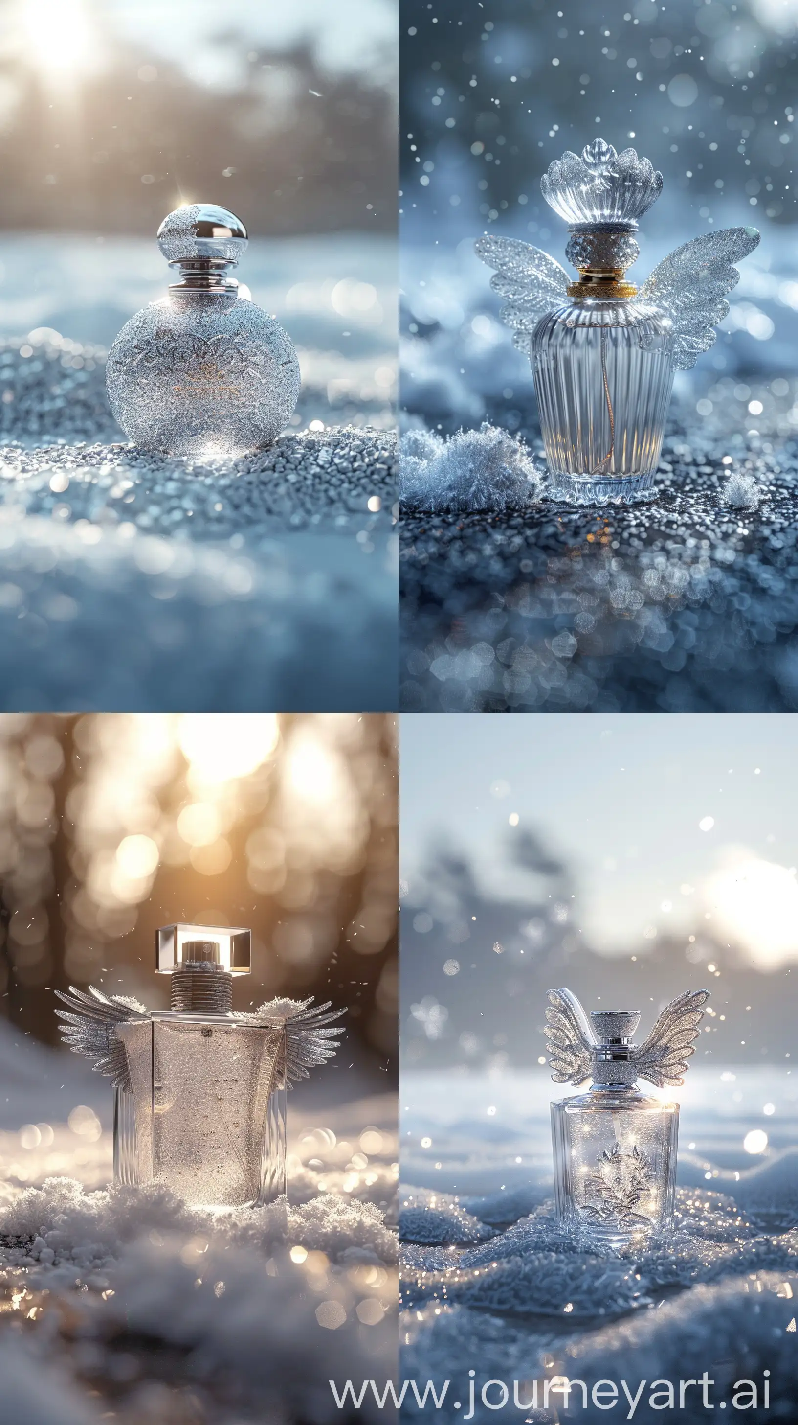Commercial photography, snowy, luxury perfume bottle, angelic silver light, studio light, high resolution photography, insanely detailed, fine details, isolated plain, stock photo, professional color grading, 8k rendering, silver blurred background, snow on the ground --ar 9:16 