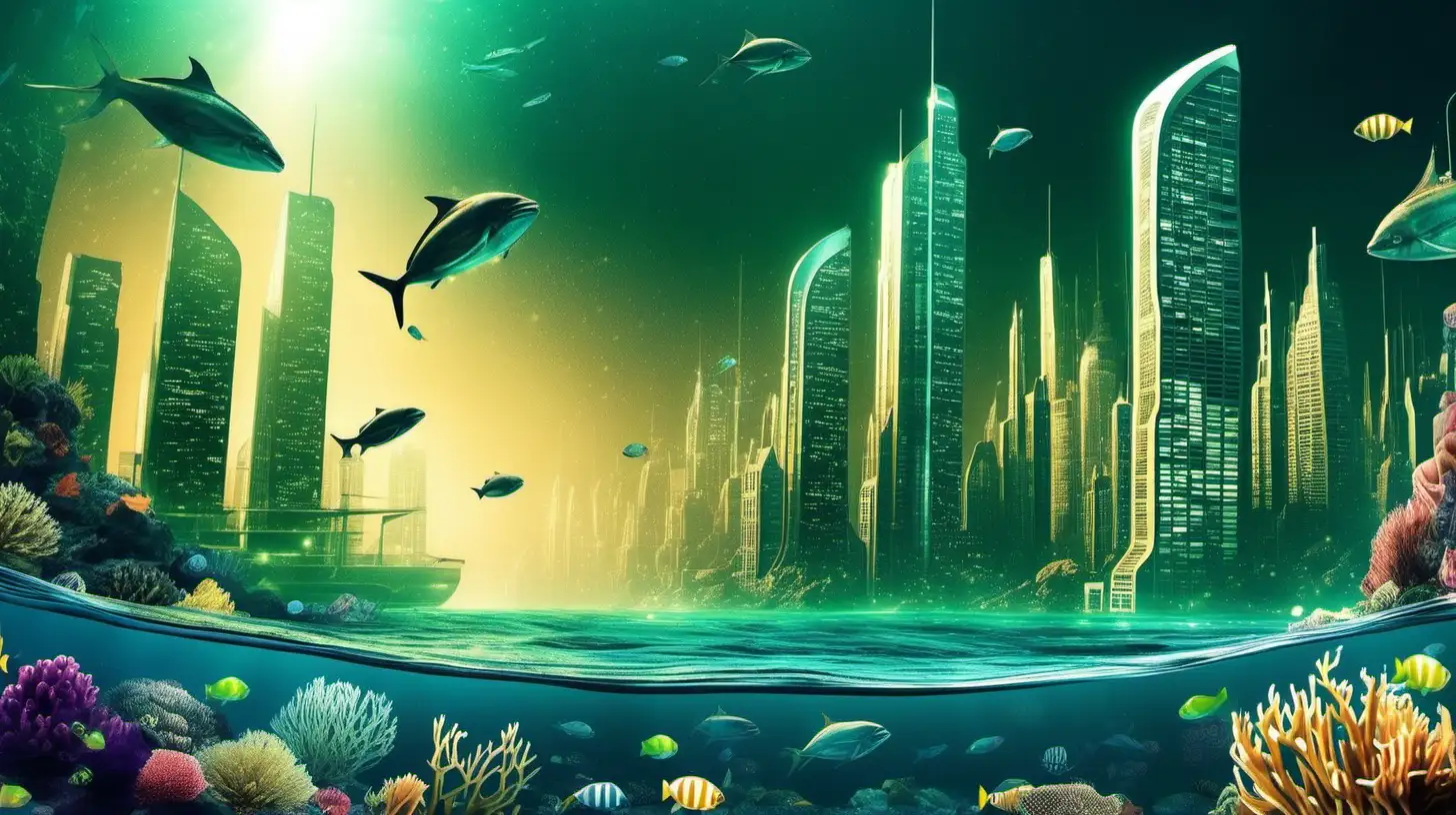 Craft an underwater cityscape with bioluminescent sea life and futuristic architecture, offering a captivating background for aquatic-themed content
