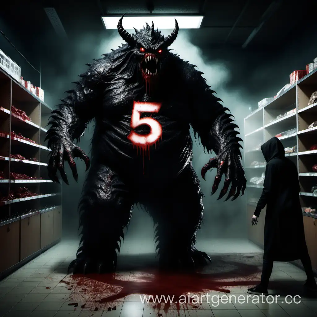 Сражение человека в черной одежде и большого страшного монстра с цифрой 5 на животе в темном и страшном магазине, вокруг кровь. Страшная атмосфера.
