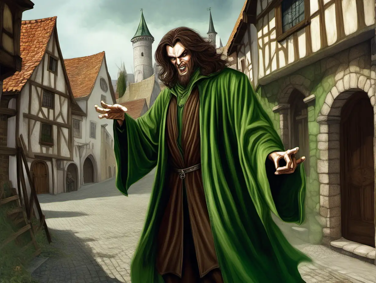 evil mad wizard, medium brown hair, pulling his own hair, green robes, Medieval town, day, painting