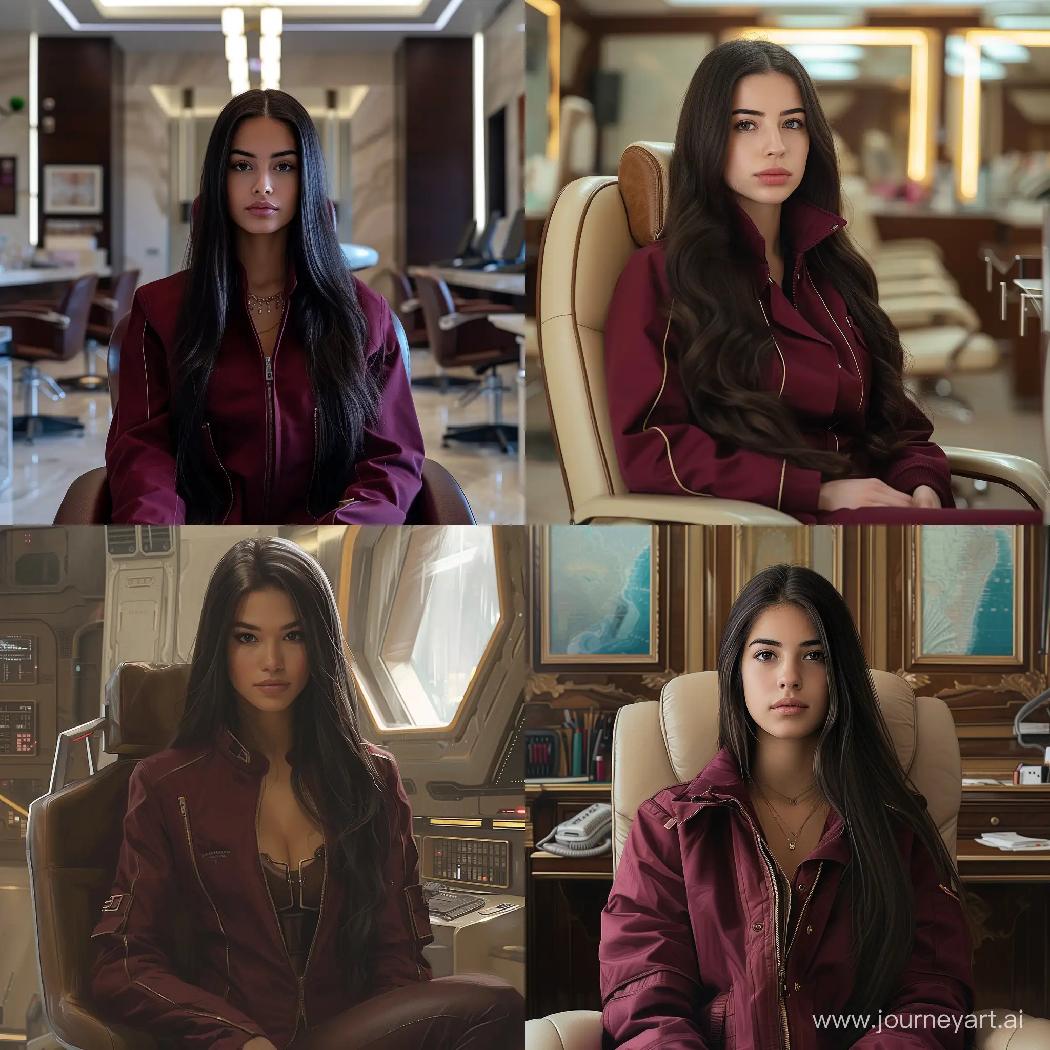Young-Woman-in-Burgundy-Jacket-Sitting-in-Luxurious-Office