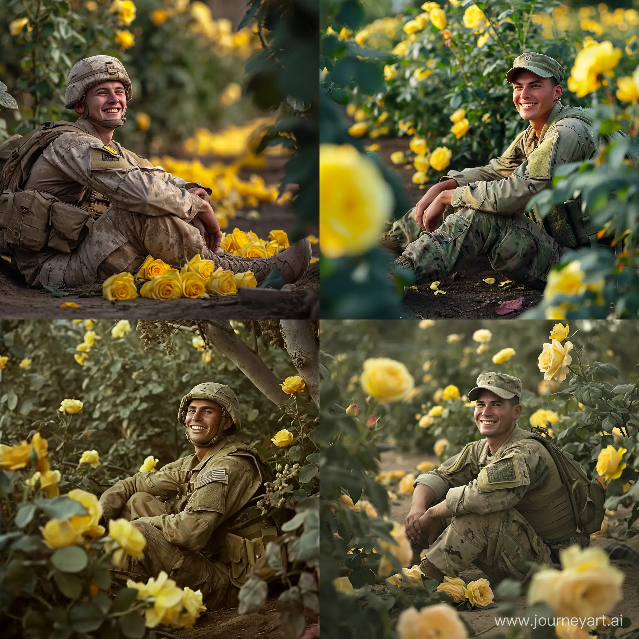 Joyful-Soldier-Relaxing-Amidst-Nature-Surrounded-by-Yellow-Roses
