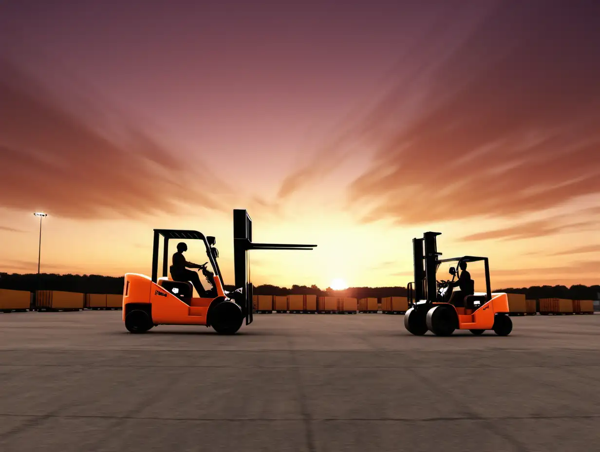 show forklifts working at sunset far away