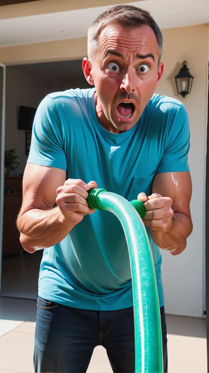 A very shocked man squeezing a human large size of an animated HOSE.


