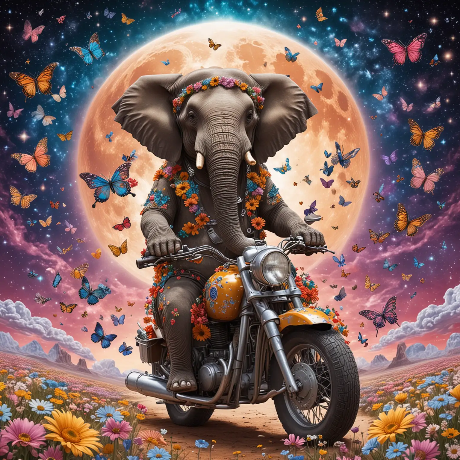 elephant wearing sunglasses riding a motorbike on the moon covered in flowers and butterflies and with the galaxy behind