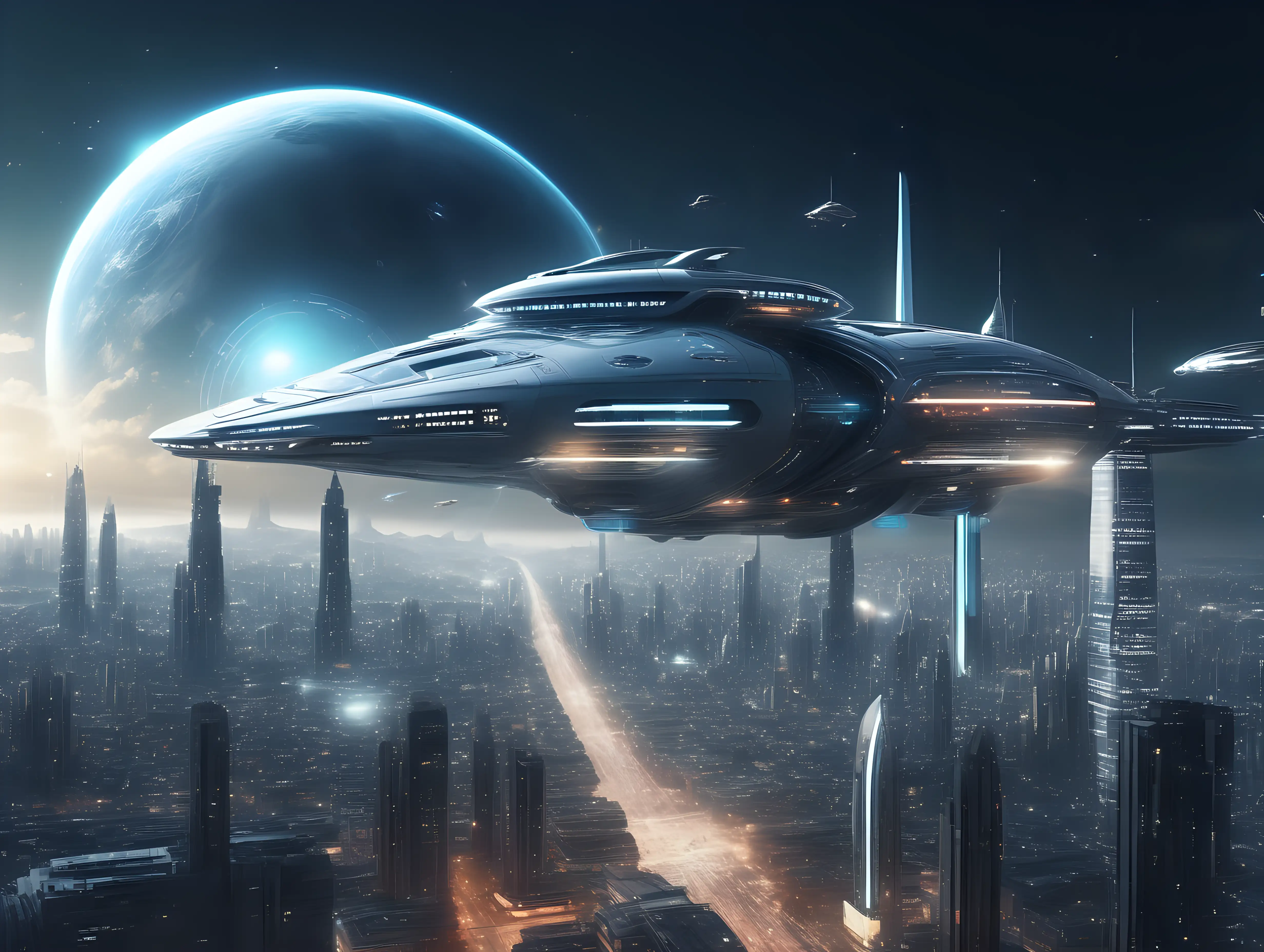 Futuristic Cityscape with Hovering Spaceship in HighResolution