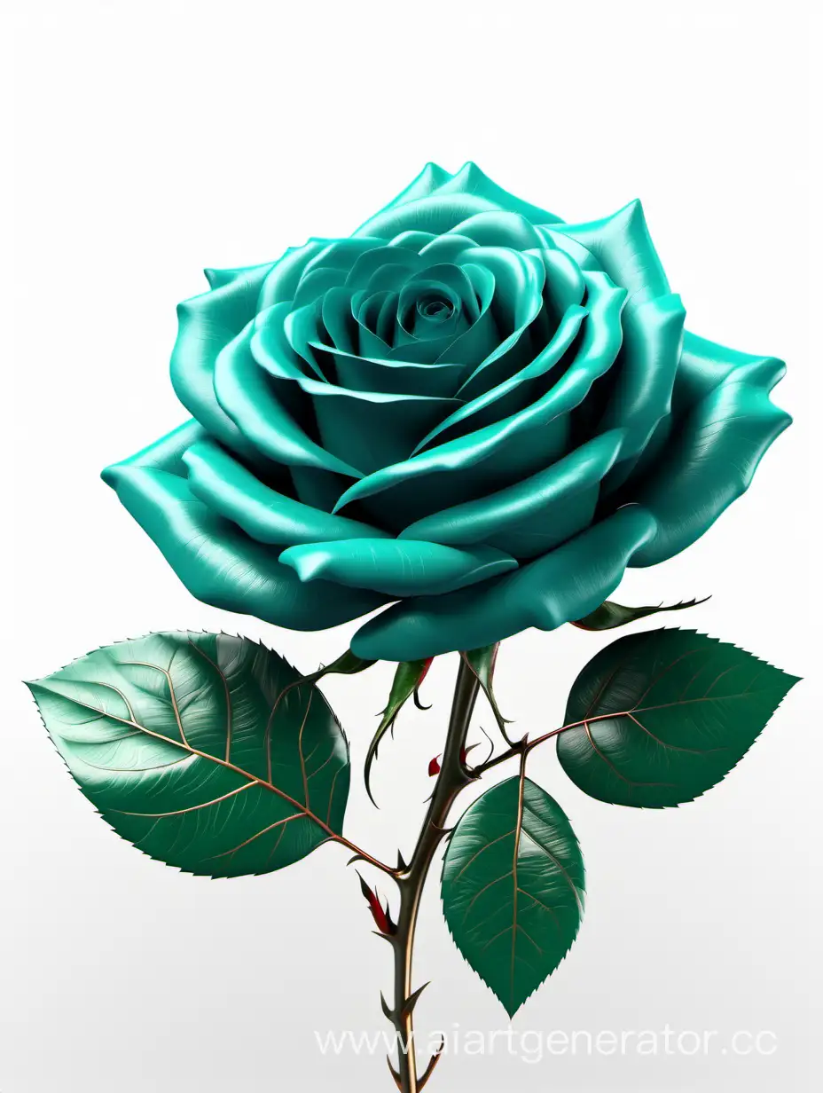 realistic dark Turquoise Rose 8k hd with fresh lush 2 green leave on white background