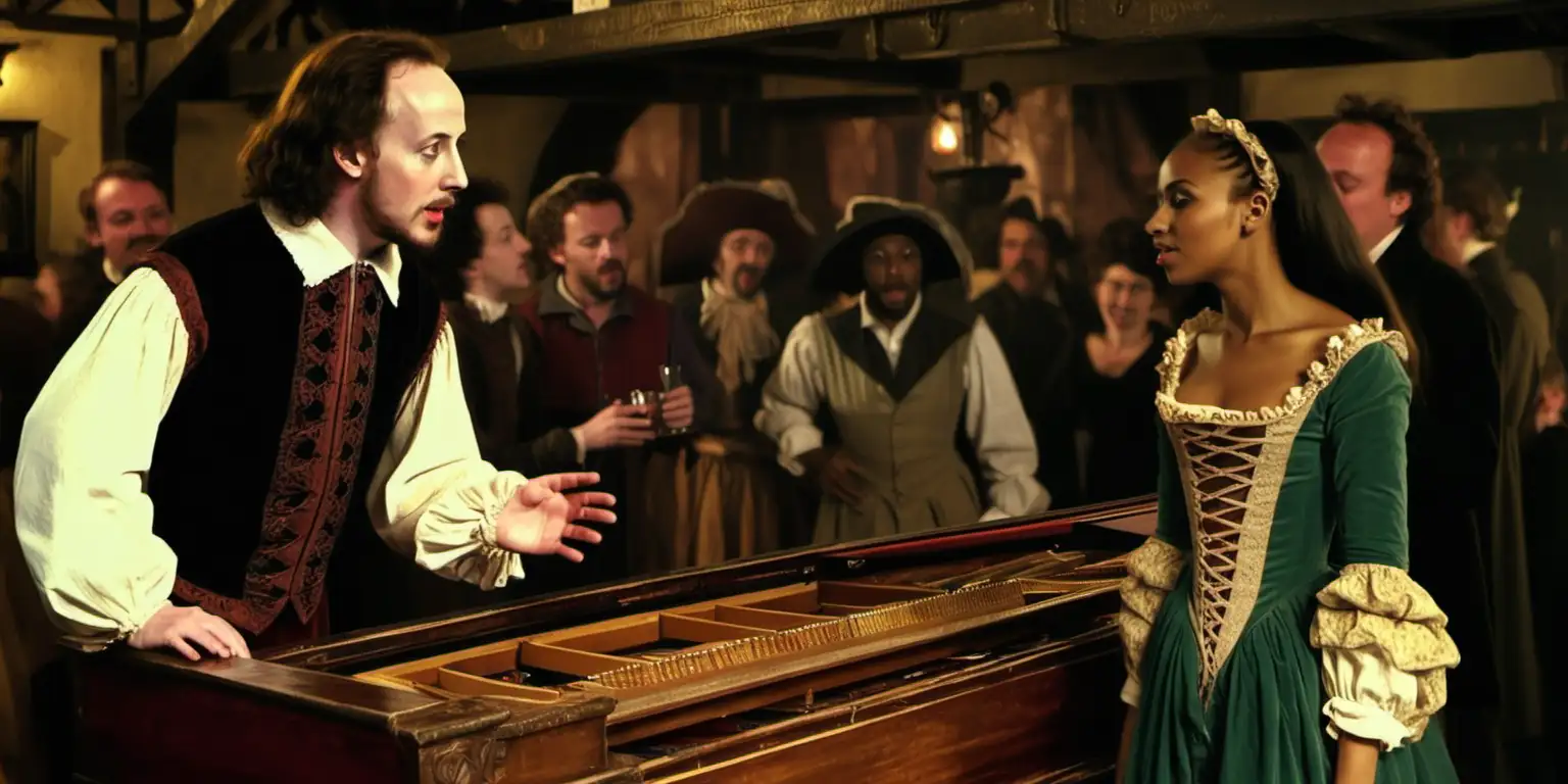 A colour photo of William Shakespeare, 26-years old, standing next to a harpsichord played by a beautiful Abyssinian woman dressed in pauper's clothes.. They are in a wood beamed pub full of people drinking and cavorting.  It is 1595. 