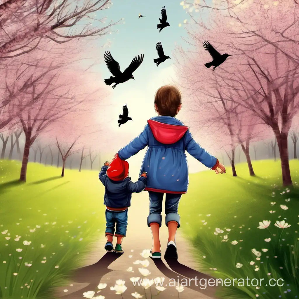 Springtime-Stroll-Child-Walking-with-Mother-Amidst-Rejoicing-Birds