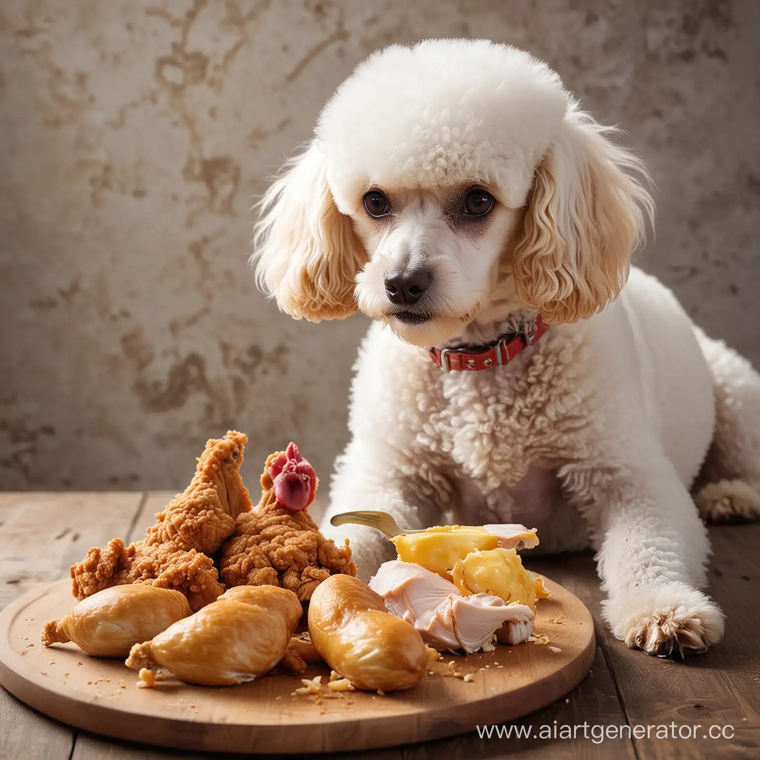 perro french poodle comiendo pollo
