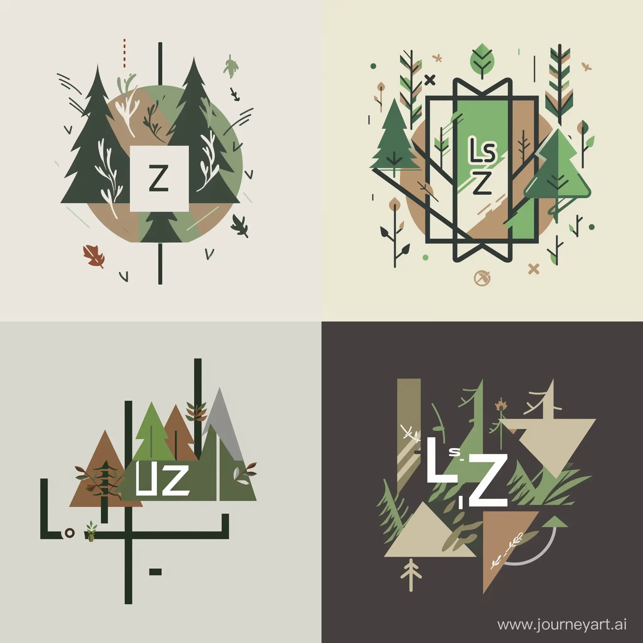 Create a minimalist logo for the Les-Zames team. The name Les-Zames, in Dota slang, refers to a forest brawl. The logo should incorporate the initials 'L' and 'Z' in a style that conveys modernity and simplicity. Use stylized forest contours and natural elements like trees and leaves to create a forest atmosphere. The color palette should include green, brown, and gray. Maintain a simple and elegant design, using a minimal amount of details. Place the initials at the center of the logo and add forest elements to emphasize the theme of a forest fight. The linear style and graphic elements should be refined and clear. Consider the option of adding a thin line or other symbol associated with the concept of a forest brawl. Pay attention to the dynamics of the lines and explore variations in thickness. Remember to adapt the design according to the client's requirements and Dota's characteristics.