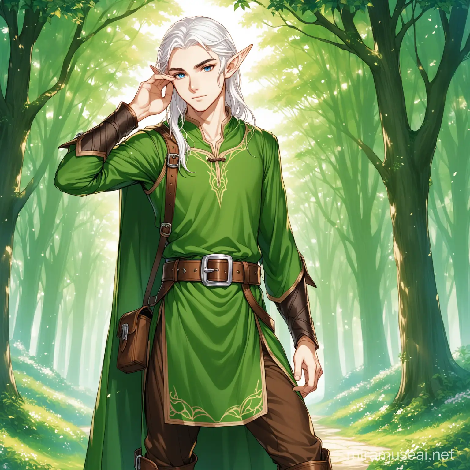 male tolkein elf, green and brown tunic, knee high boots, belts and buckles, hand over brow, long white hair, blue eyes, fair skin, tall, thin