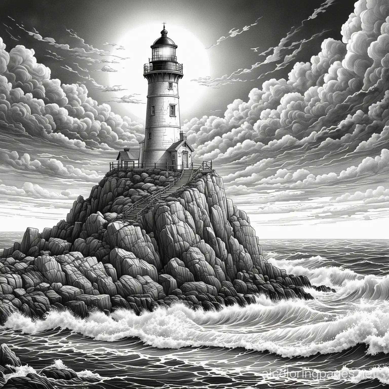 gothic lighthouse a loney lighthouse perched on a rocky cliff, casting its light into the stormy sea, Coloring Page, black and white, line art, white background, Simplicity, Ample White Space. The background of the coloring page is plain white to make it easy for young children to color within the lines. The outlines of all the subjects are easy to distinguish, making it simple for kids to color without too much difficulty
