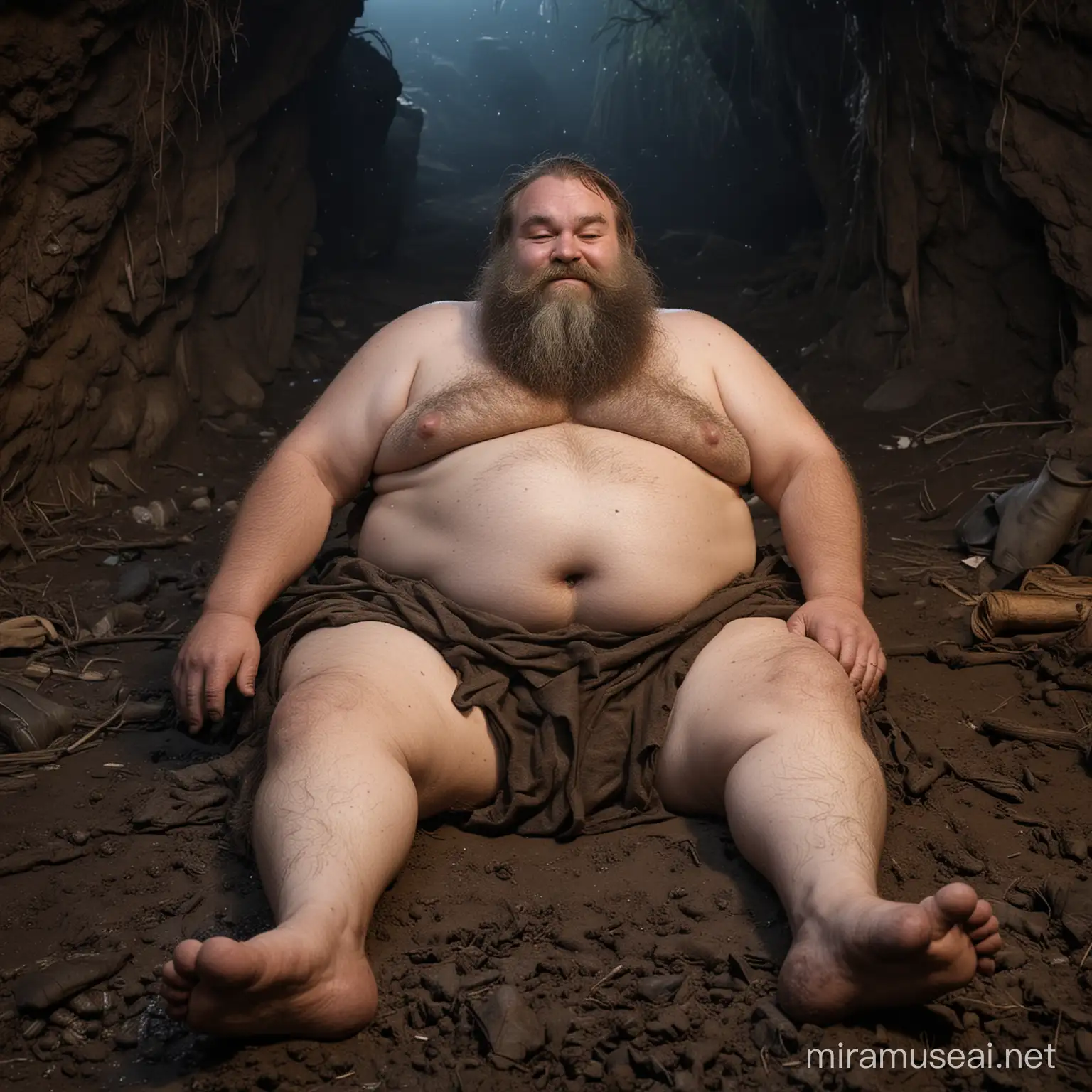 dwarf,forest cave,at midnight,bonfire,gigantic feet,thick feet,rough soles,loincloth,primitive,hairy,dumpy,chubby,shorty,long beard,rainy,lying on the ground,belly towards sky,dirty mud cover all over the body,sleeping
