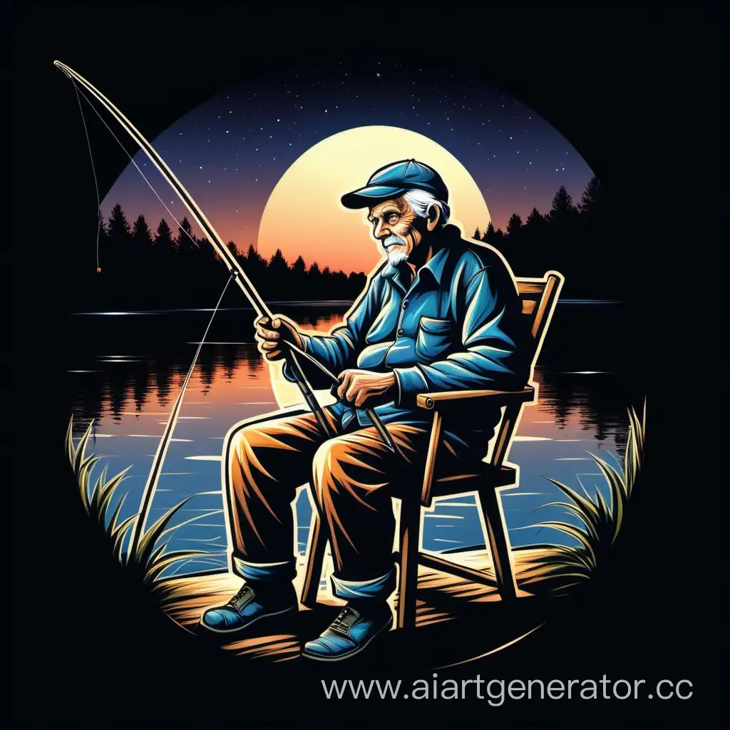  Vector t-shirt design An elderly fisherman sitting in a chair near the river, holding a fishing rod and casting his line into the twilight, on a black background 

