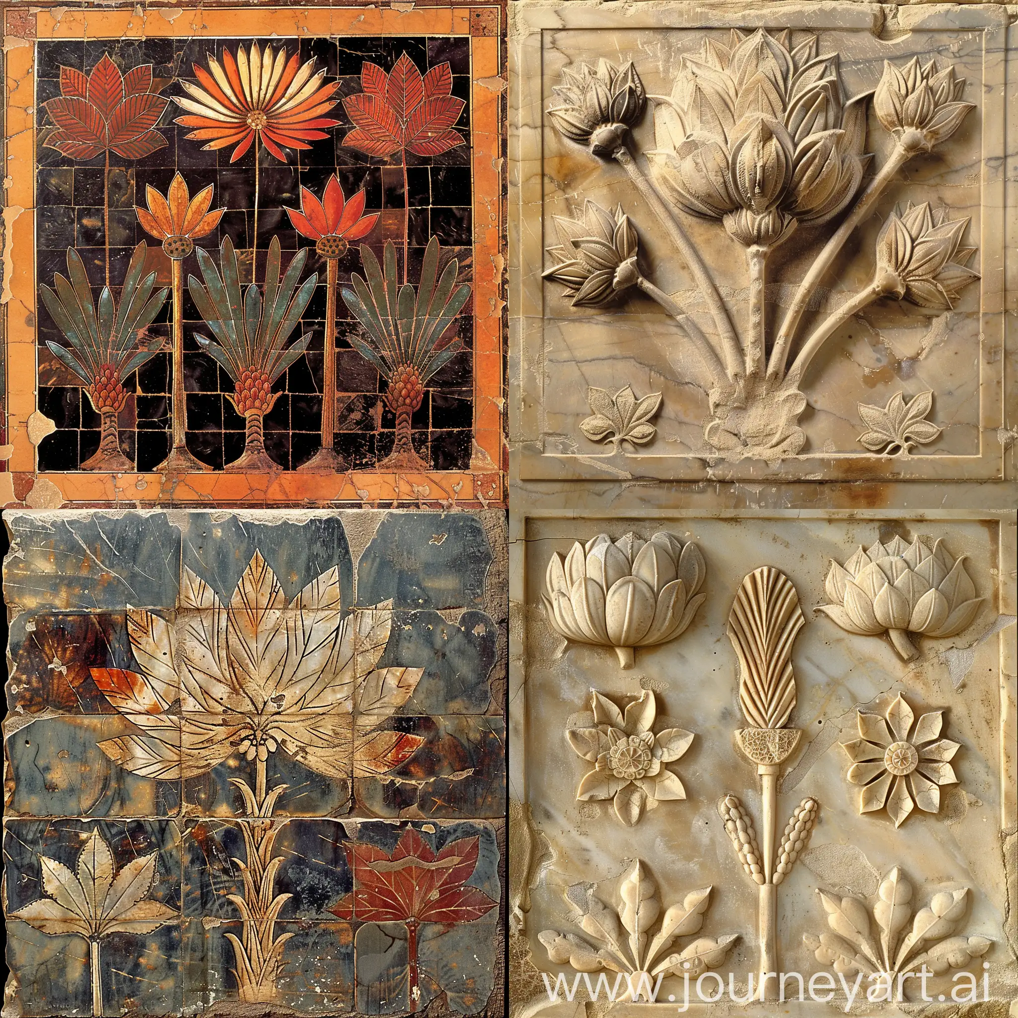 Plant motifs in Achaemenid works of art include lotus flower, palm, cypress and multi-petal flowers;