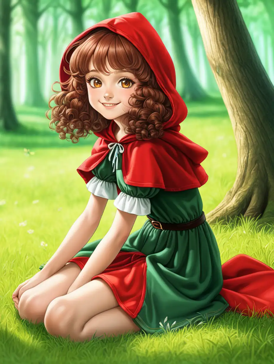 Enchanting Forest Scene Adorable 13YearOld Red Riding Hood Sitting Among Sunlit Trees