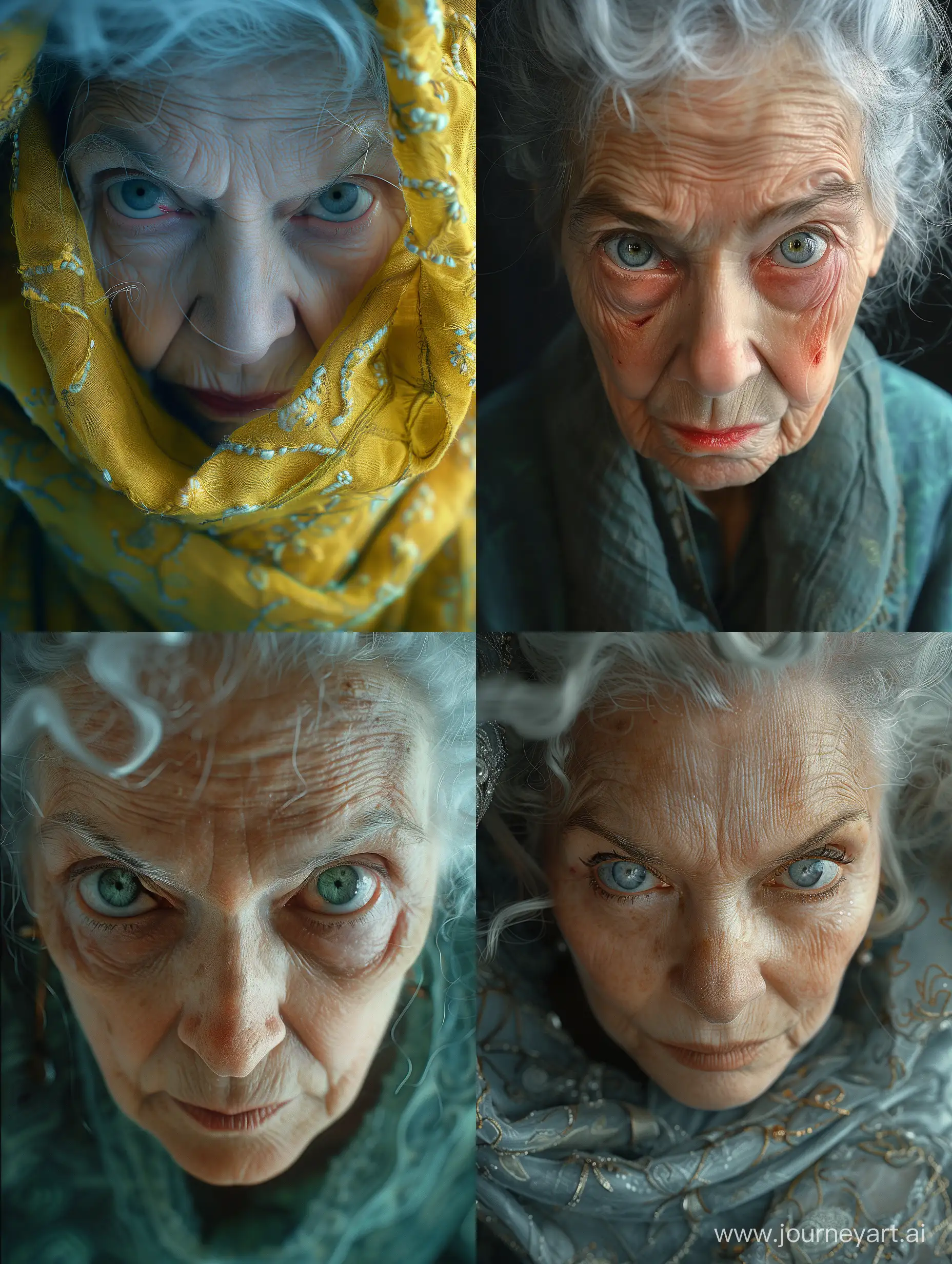 Very very extreme absurde fantastic angry old woman ,extreme closeup with fisheye ,dynamic camera angle dramatic  ,colorful ,fashion shoot ,highly detailed --ar 3:4 --style raw --stylize 750 --v 6