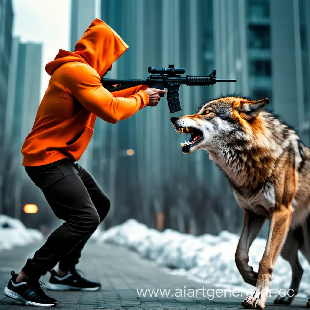 Мускулистый парень в оранжевом капющоне  стреляет в волка. Город. 