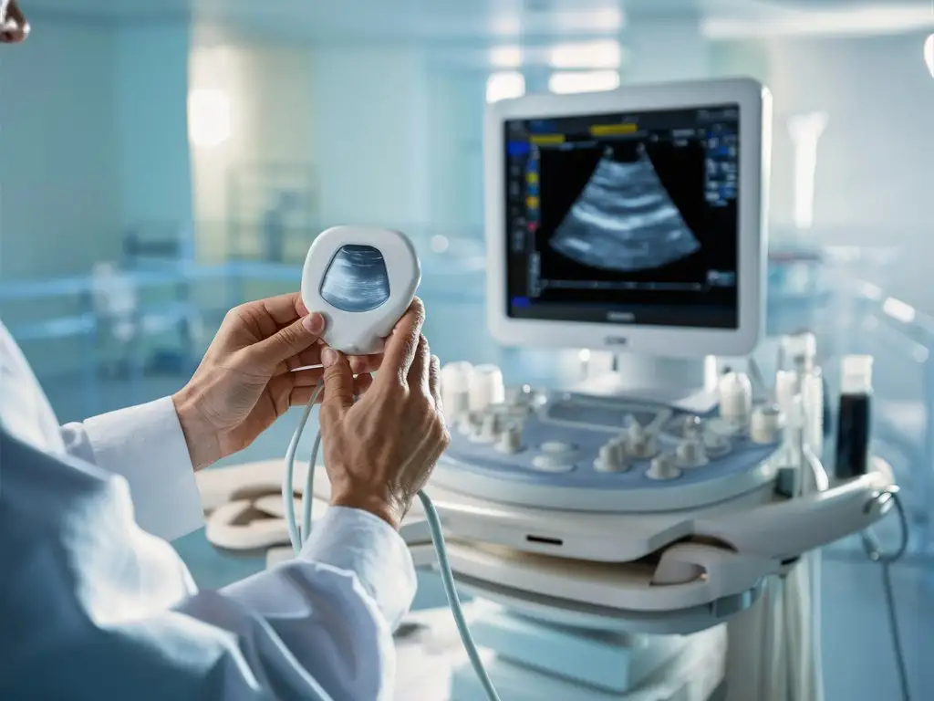 Doctor Performing Ultrasound in Hospital Setting