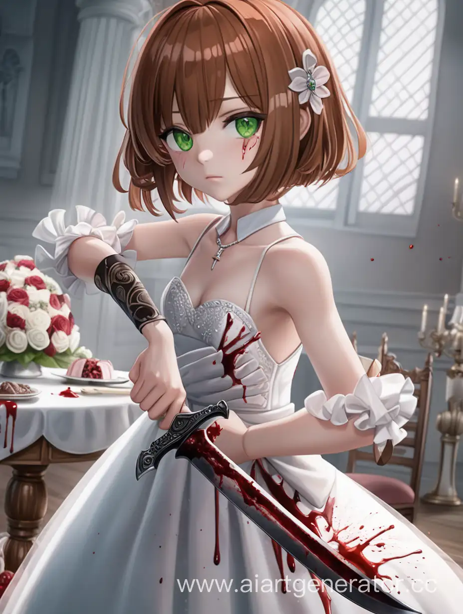 Anime girl, height 170 centimeters, chestnut hair, bob hairstyle, green eyes, dressed in a wedding white dress, holding a bloodied knife in her right hand