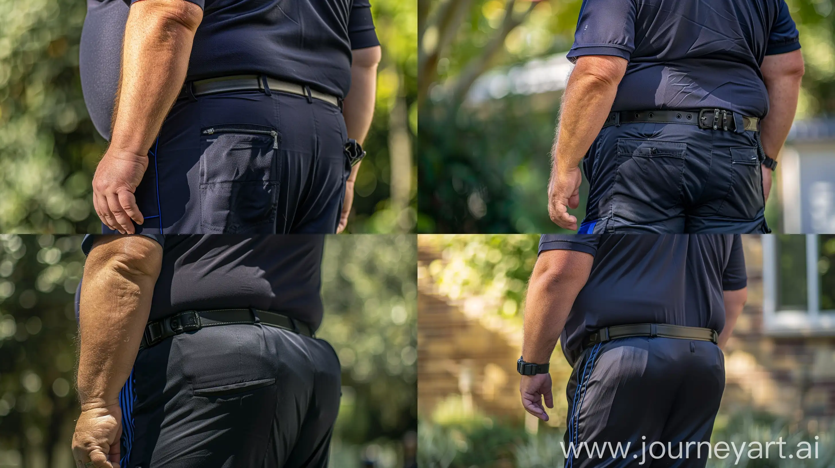 Back view close-up photo of a fat man aged 60 wearing silk navy army pants thin blue vertical line on the side of the leg and a tucked in silk navy sport polo shirt. Heavy black tactical belt. Outside. Natural light. --ar 16:9