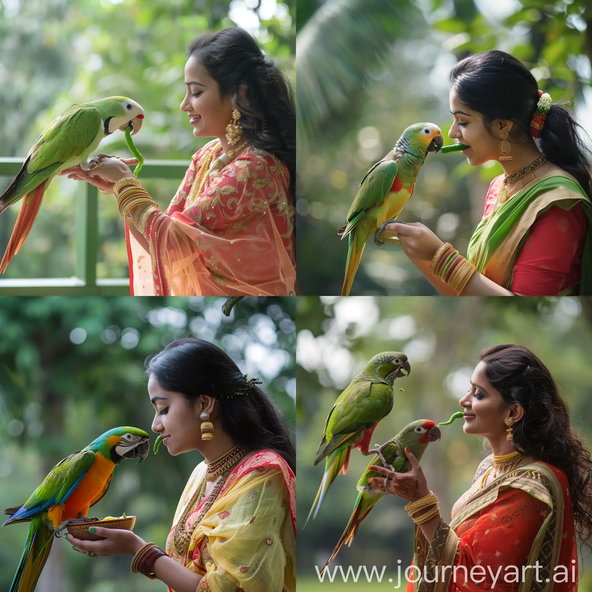 A beautiful bengali lady feeding a parrot the green chili