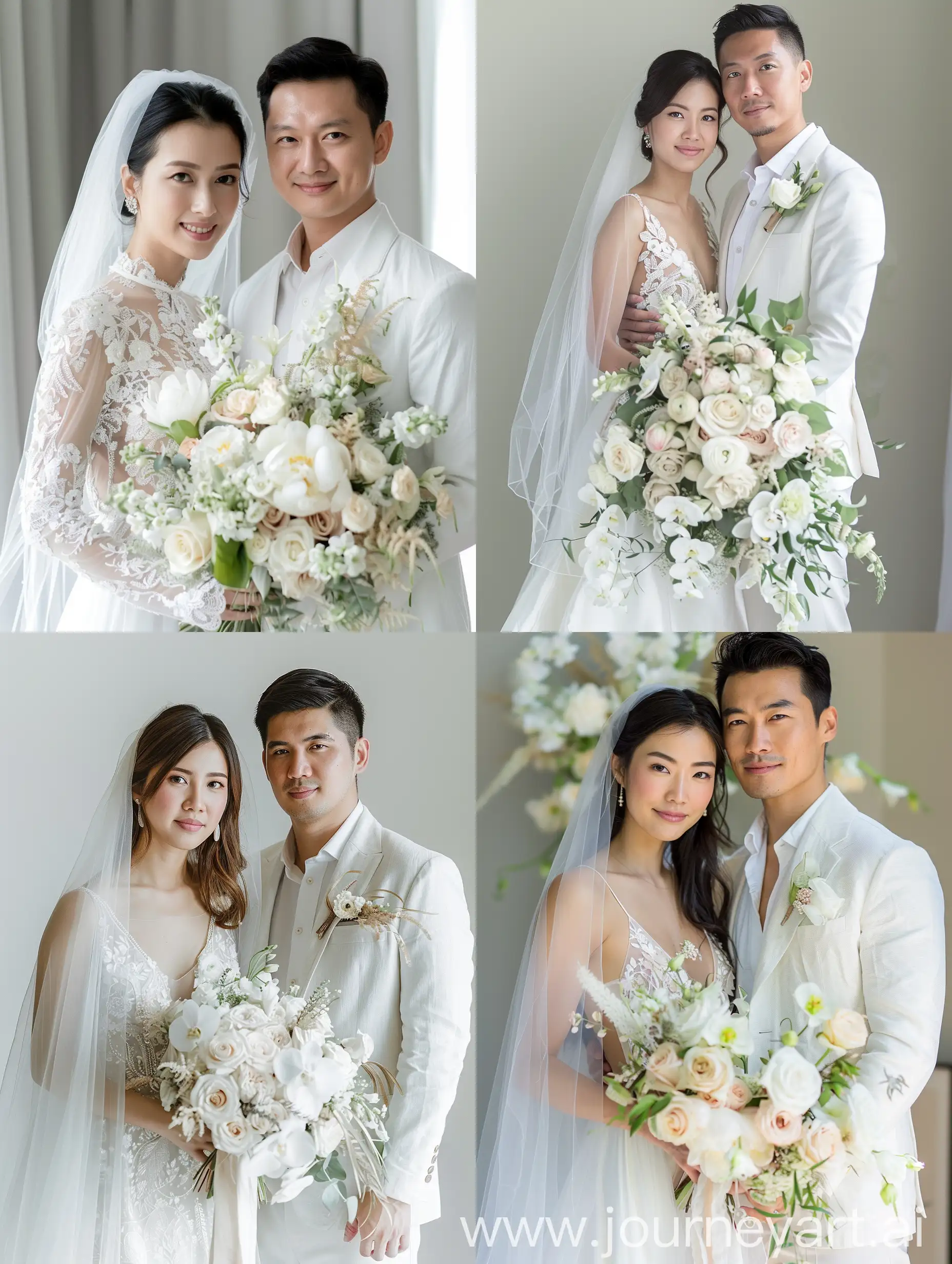 The 8K HD image shows the couple wearing traditional wedding attire, posing together. The bride wore a white dress with a long veil and carried a bouquet of white and light pink flowers. The groom wore a white jacket and trousers. They appeared to be of Asian descent and had warm and friendly facial expressions as they stood side by side, capturing the moments of their joyful wedding day.