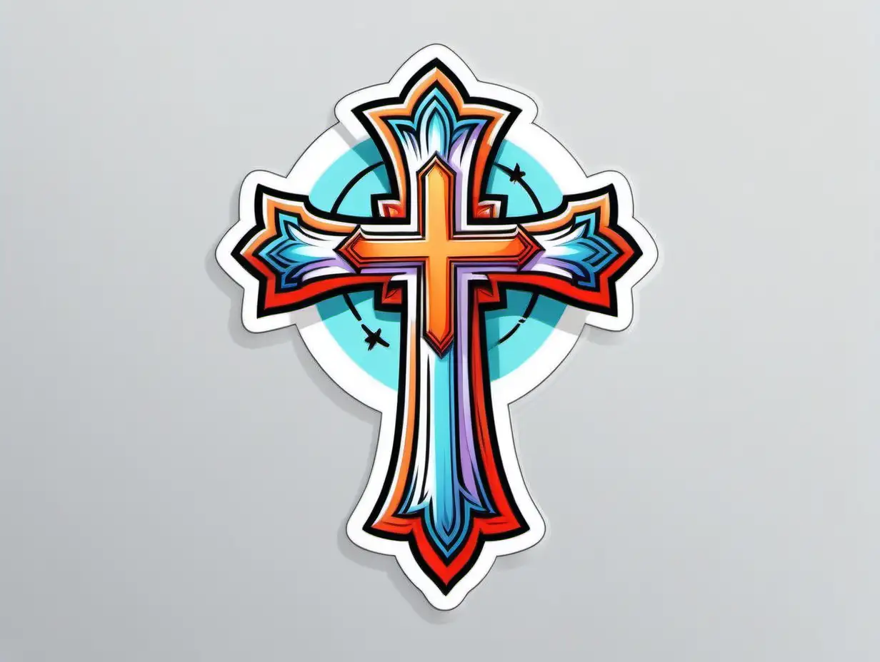 Ecstatic Cartoon Christian Cross Sticker on White Background