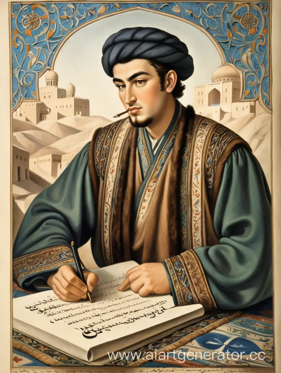The great Uzbek poet, young and handsome Alisher Navoi writes on a scroll.
