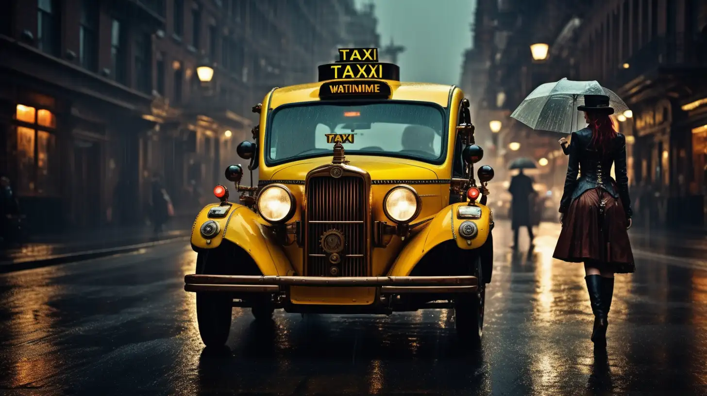 Steampunk taxi large street rain darkness soft light, beauty women in front, waiting