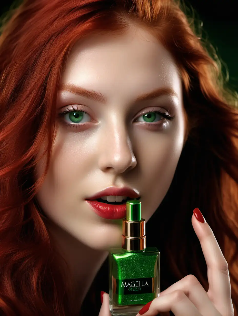 Create a hyperrealistic photography of Beautiful magella green, 25-year-old, long red hair, Green eyes,  perfect face, perfect lips, perfect teeth, she has perfect fingers holding a luxury Magella Green perfume. High definition 8k image, octane render. 
