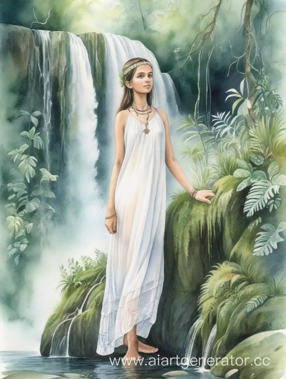 Ультра-детализация, мягкая акварель, яркая акварель, девушка славянская внешность, девушка индианка в длинном белом тонком платье, девушка купается в водопаде, водопад, лес, мох, джунгли