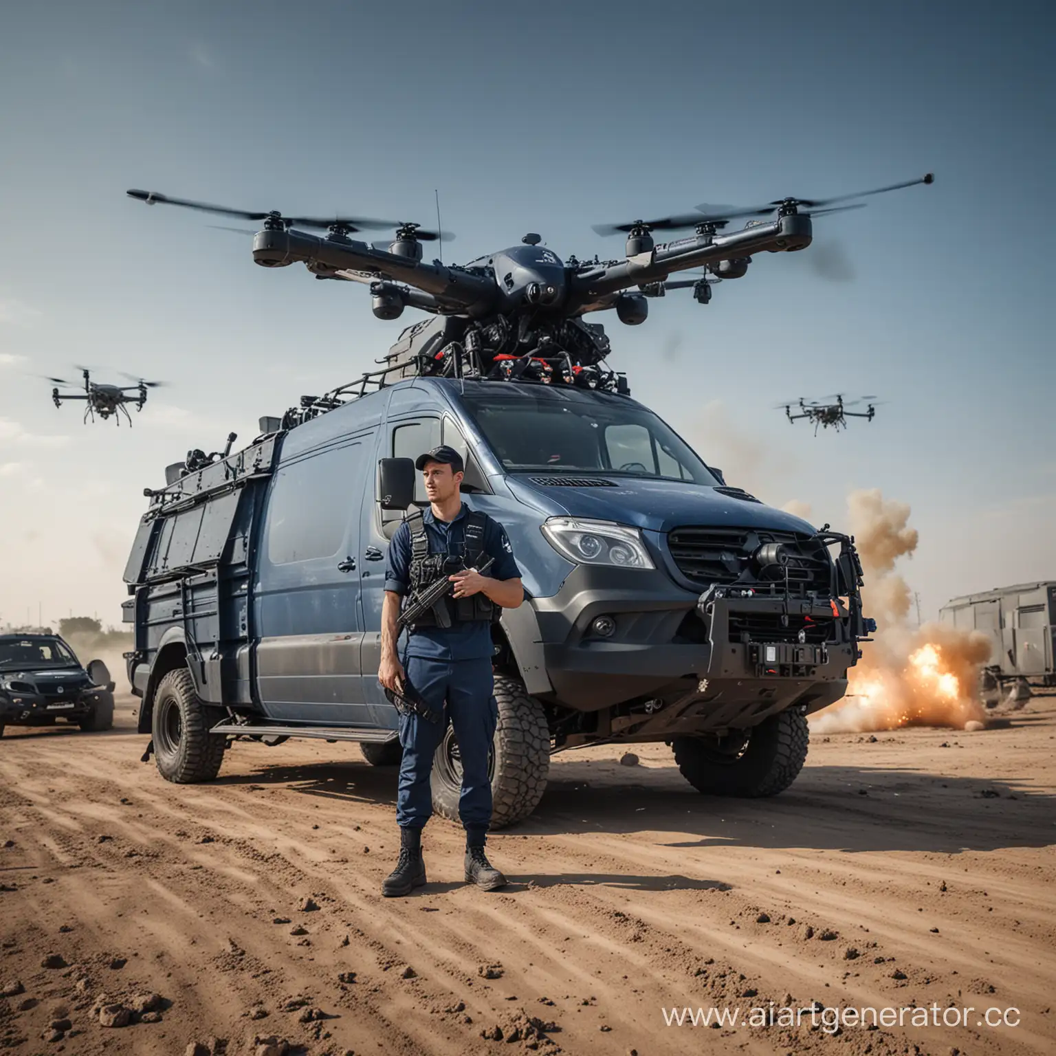 a man in military uniform, a man holding a large blaster, behind the man car mersedes sprinter dark blue color, the car has antennas, in the background fly quadrocopters and explode