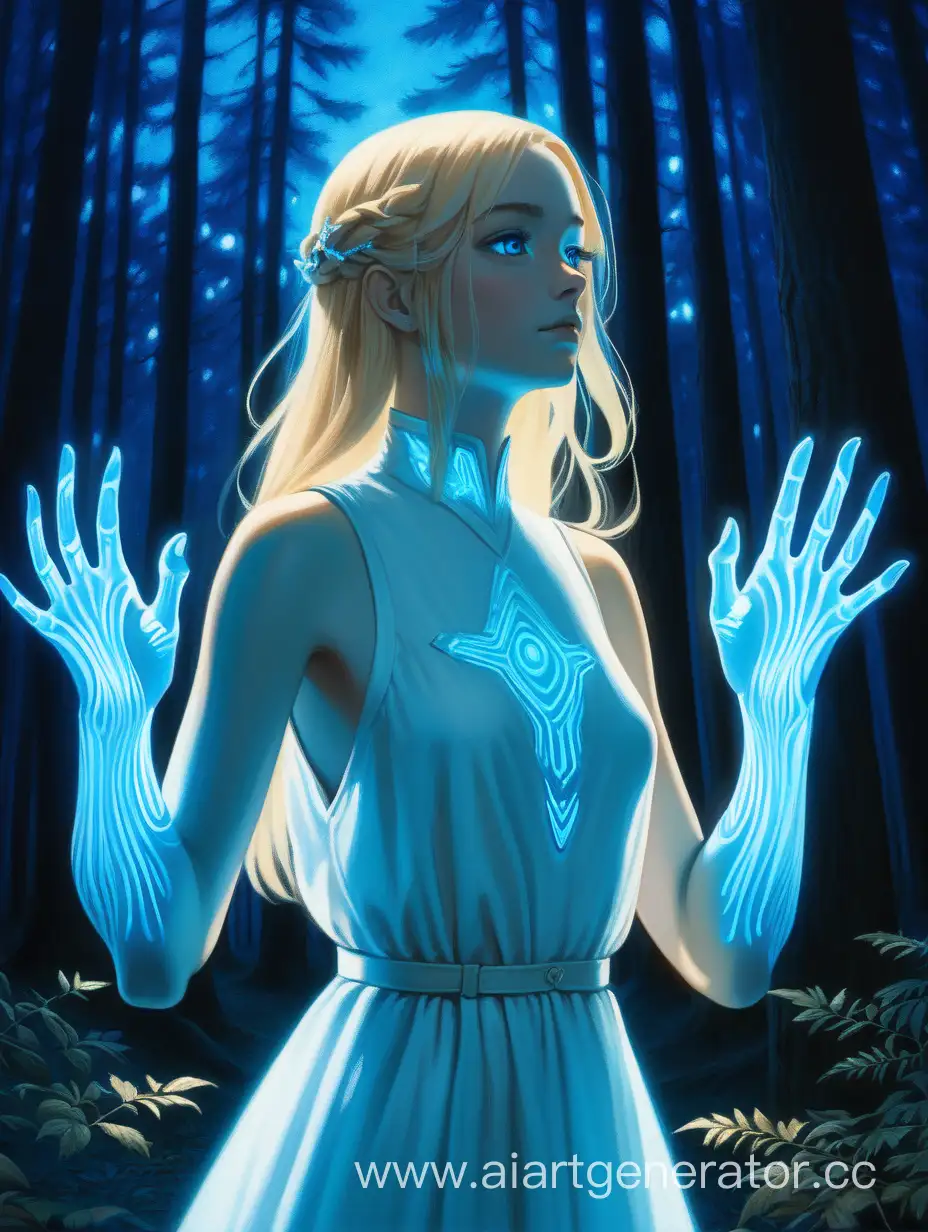 Mystical-Woman-in-Vintage-White-Dress-with-Glowing-Blue-Hands-in-Forest-at-Night