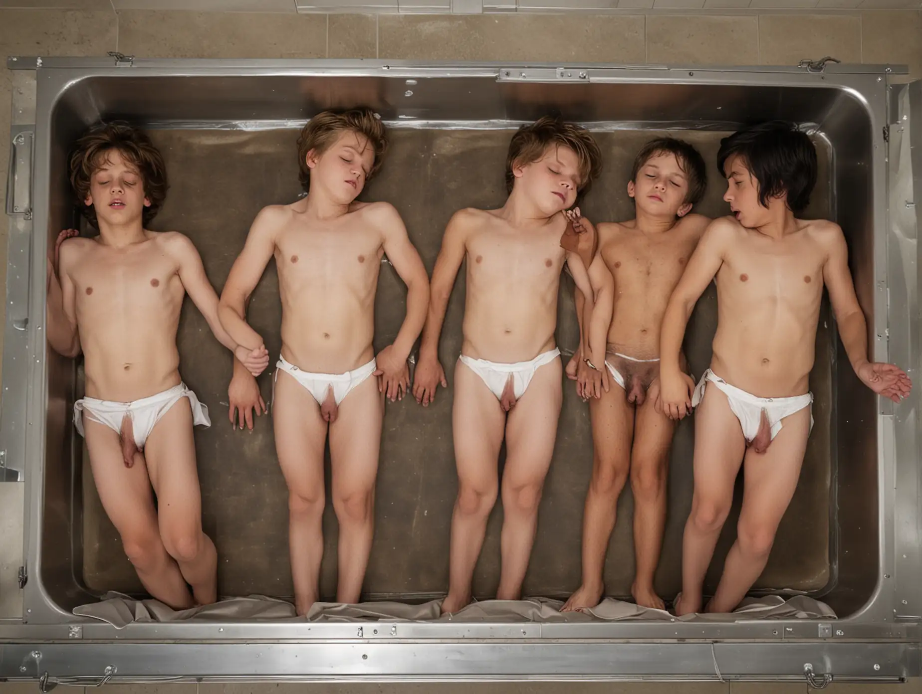 In a Morgue, 3 dead boys between the ages of 12 and 17, lying on autopsy table, eyes closed, blonde, brown and black hair, barefoot, shirtless, don't wearing any clothes at all. Visible whole body and feet. top view, wide-range view, feet visible, 