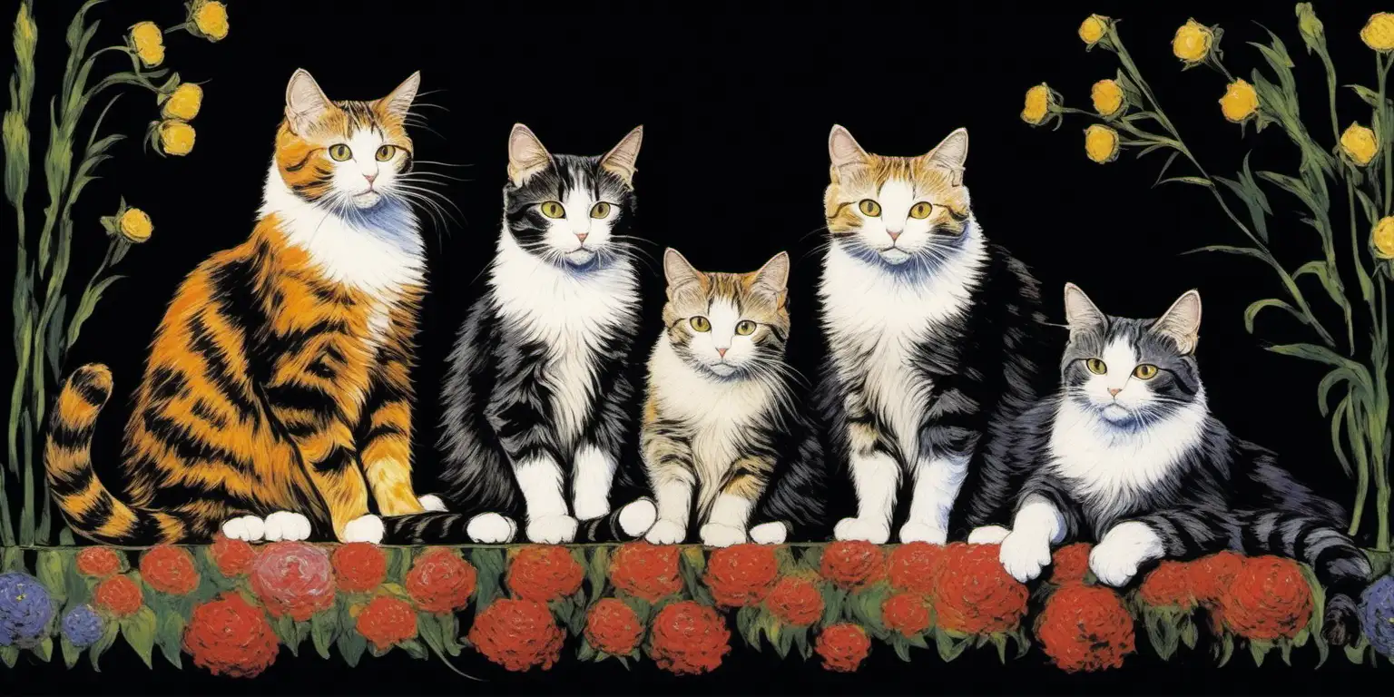 Cats, style of claude monet, on a black background