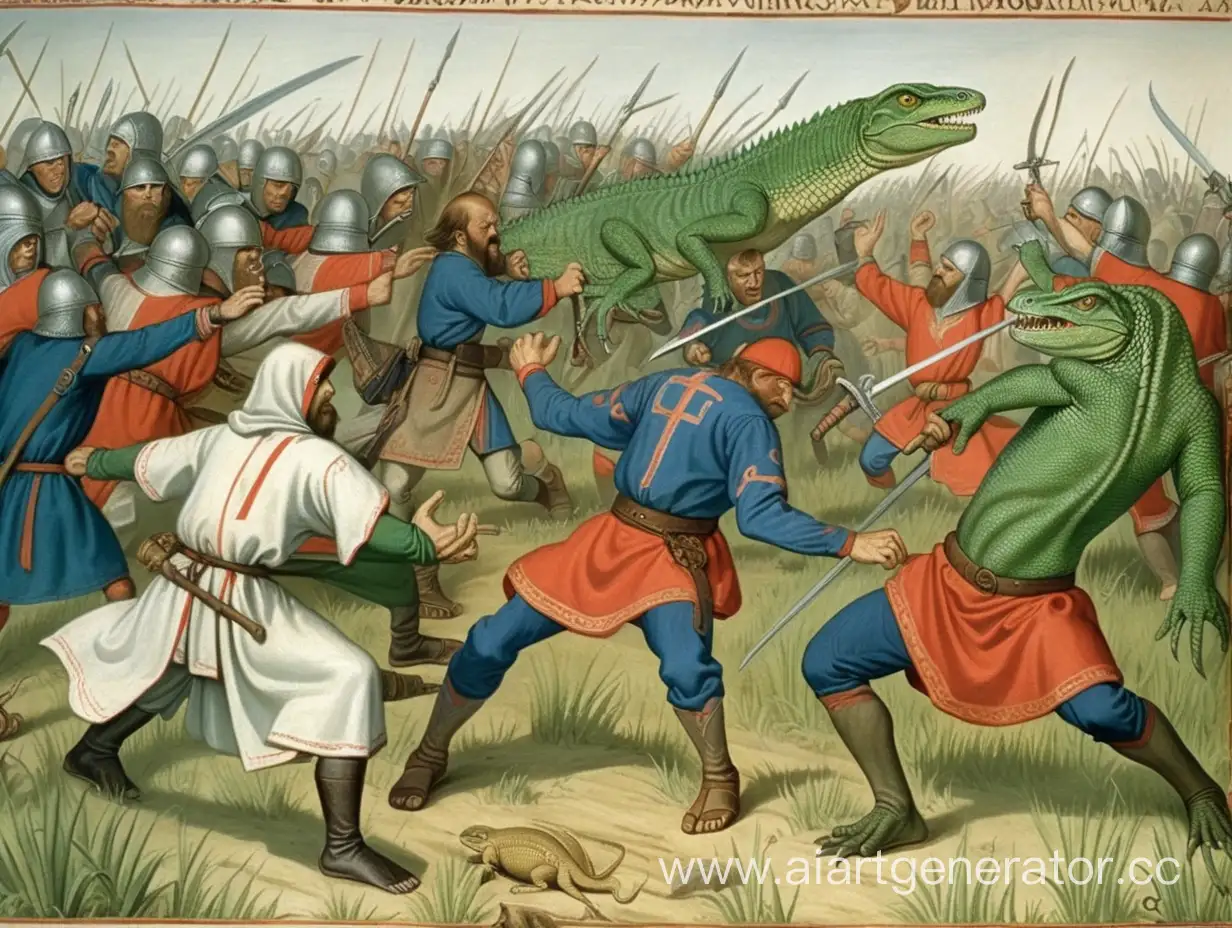 Битва русов мужиков в льняных рубахах против ящеров рептилоидов, древняя Русь, 14 век