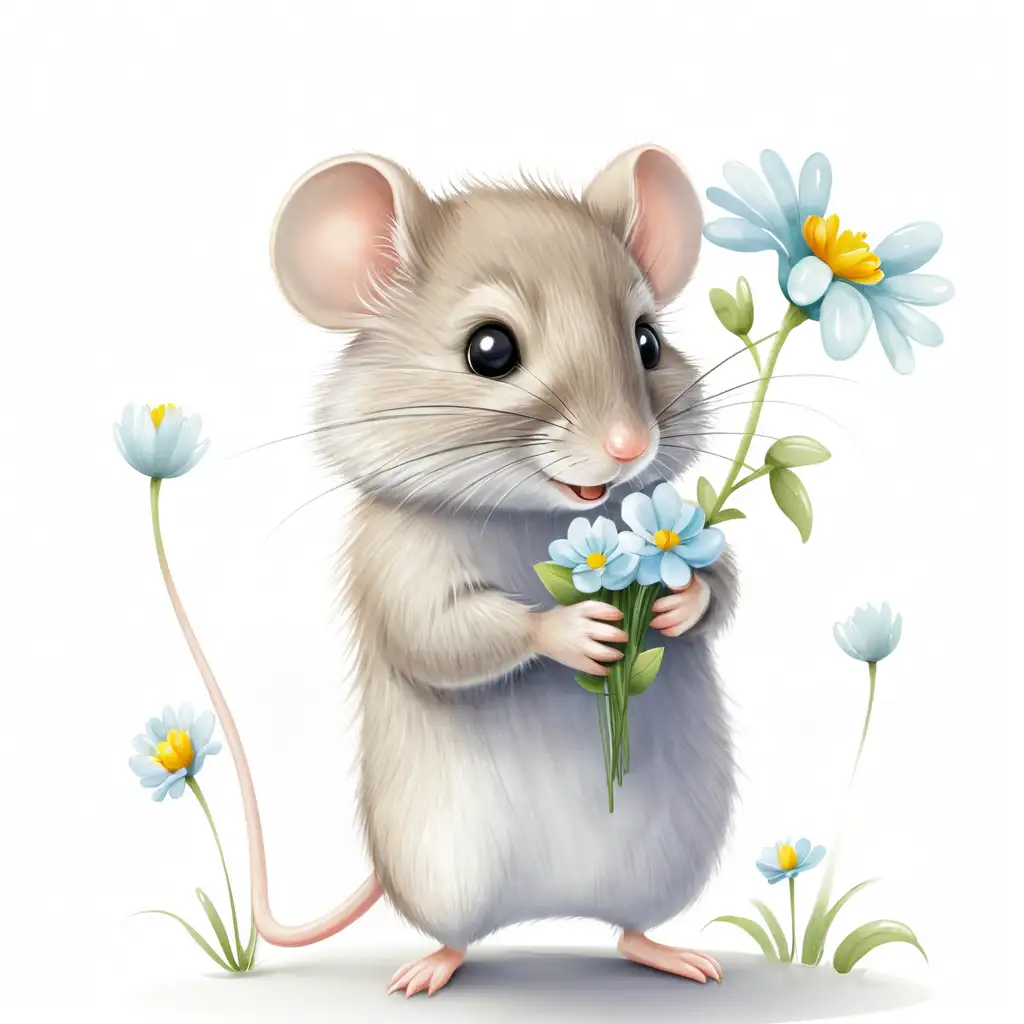 Cute drawing of a mouse holding flowers, isolated on a white background, suitablefor clip art
