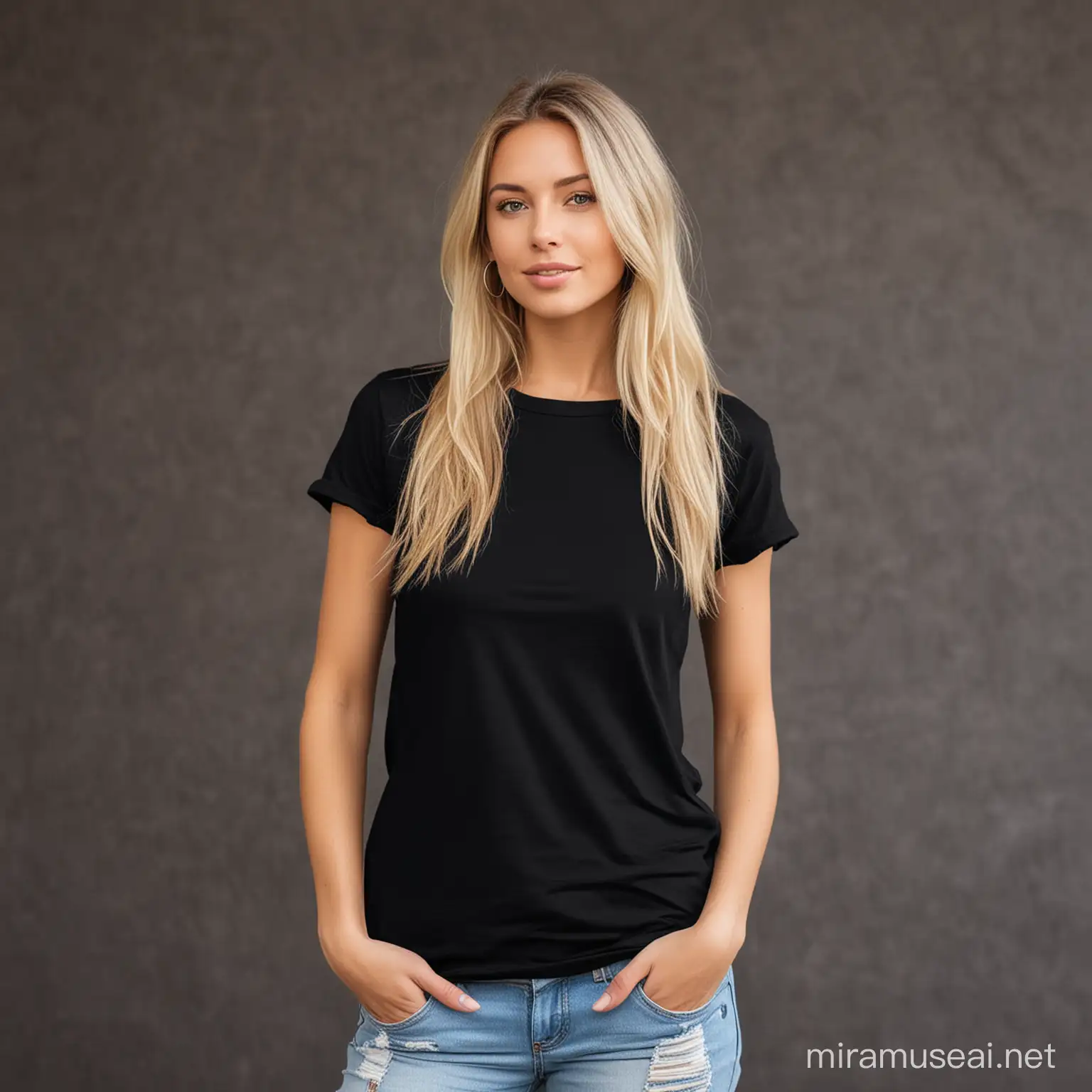 blonde woman wearing black t-shirt mockup simple boho wall background 